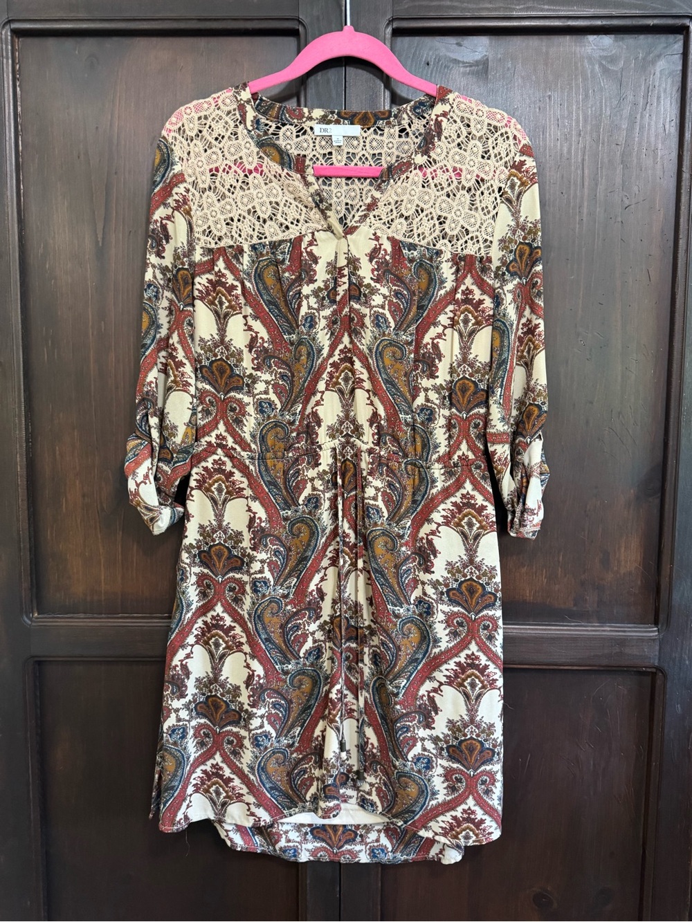Daniel Rainn Boho Lace Yoke Paisley Shirt Dress size Medium with crochet detail